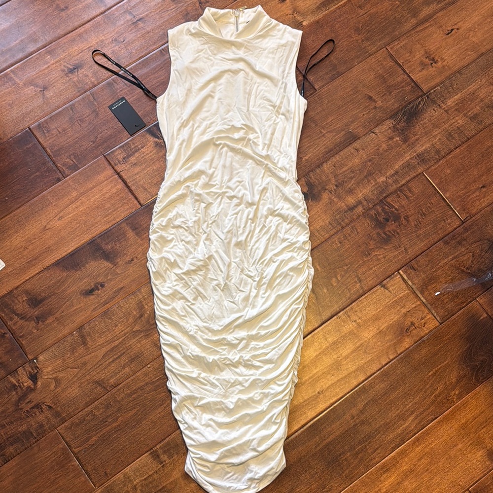 Guess by Marciano Cream Ruched Bodycon Midi Dress